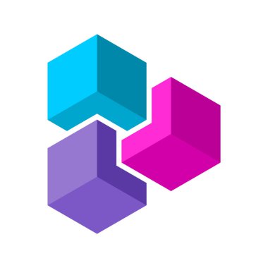 Üç kübik element bir üçgen oluşturur. Yeşil, sarı ve gri renkler. Geometrik grafik tasarım elemanı. Şirket logosu. Güçlü ve sağlam bir kavram. Çal düğmesi uygulaması. İzometrik blok. Vektör illüstrasyonu. 