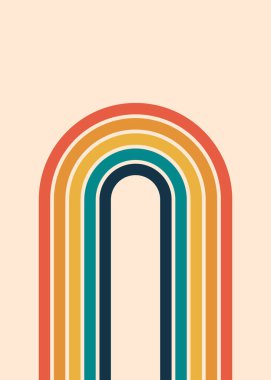 Retro çizgili gökkuşağı. 70 'lerin modası geçmiş renkli çizgiler. Eski moda kapak posteri. Uzayı kopyala Soyut iç tasarım. Sosyal medya paylaşım şablonu. Harika bir zemin. Vektör illüstrasyonu