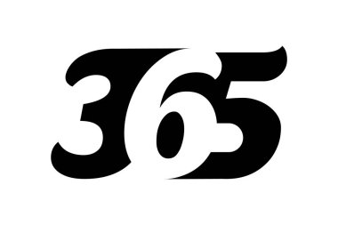 Beyaz arka planda 365 logo. Negatif uzay efektli siyah metin. Bir yıl boyunca her gün. Numara üç altı beş. Sonsuzluk sembolü. Sonsuz devamlılık kavramı. Vektör illüstrasyonu, düz, klip sanatı 