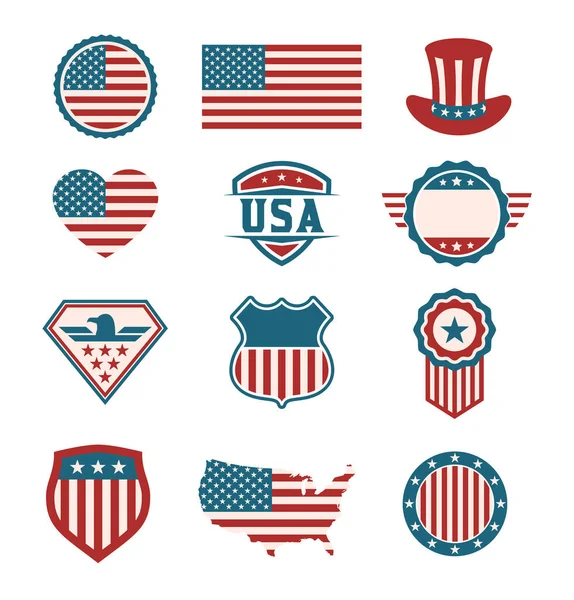 Eua Conjunto Símbolos Coleção Emblemas Americanos Etiquetas Distintivos Escudos Dos — Vetor de Stock