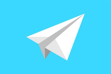 Origami kağıt uçağı mavi arka planda izole edilmiş. Katlanmış kağıt ikonundan yapılmış beyaz bir uçak. Seyahat konsepti. Sanat ve el sanatları. İş başarısı fikri. Yaratıcılık ve çözüm. Vektör illüstrasyonu. 