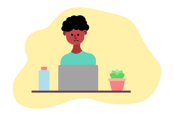 若いアフリカ系アメリカ人は仕事で悲しみを感じている 仕事の書き込みの概念 オフィスに座っている黒人男性のキャラクターを混乱させました 肉体的または感情的な疲労 精神衛生上の健康 ベクターイラスト — ストックベクタ