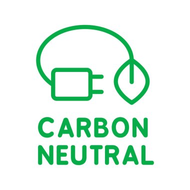 Karbon nötr işareti ya da ikon. Fişi olan yeşil bir yaprak. Sürdürülebilir enerji kaynakları, temiz enerji kavramı. Sıfır emisyon. Yenilenebilir temiz enerji üretimi. Vektör illüstrasyonu, ince çizgi, klipsleme sanatı. 