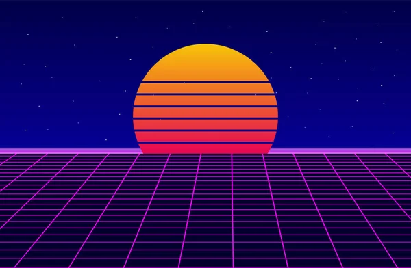 Πρότυπο Φόντου Synthwave 80S 90S Ρετρό Ηλιοβασίλεμα Φωτεινό Τοπίο Πλέγματος Διάνυσμα Αρχείου