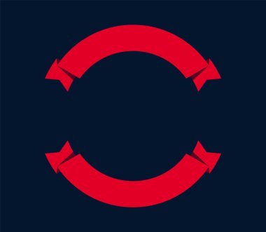 Dairesel logo şablonu. Ortasında boşluk olan iki kırmızı yuvarlak kurdele. Uzayı kopyala Vektör çizimi. Tasarım elemanı. Geleneksel dekoratif amblem. En çok satan. Koyu mavi arkaplan. 