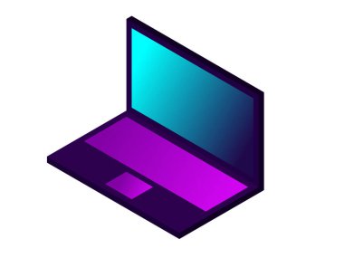Neon laptop. Isome 3 boyutlu defter. Beyaz arka planda mor renkli renkli bilgisayar. Teknoloji tasarımı için şablon simgesi. Programlama, tasarım ve diğer bilişim uzmanlığı araçları. Vektör illüstrasyonu