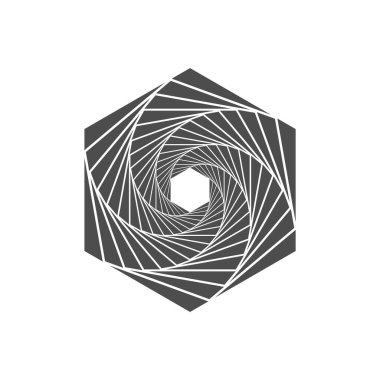 Spiral geometrik soyut altıgen. Optik illüzyon tasarımı. Siyah ve beyaz hipnotik girdap. Tünel etkisi. Arkaplan ve dijital sanat kavramları için modern tasarım öğesi. Vektör illüstrasyonu.