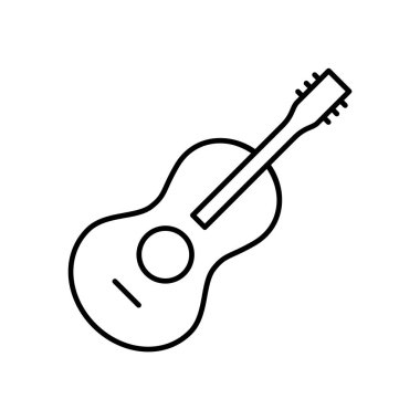 Gitar hattı ikonu. Akustik gitar siyah işareti. Basit bir müzik enstrümanı. Klasik tel enstrümanı. Basit doğrusal çizim. Posterler, yazıcılar ve uygulamalar için sembol tasarımı ögesi. Vektör illüstrasyonu. 