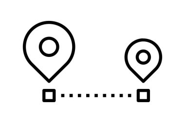 Mesafe konumu. Hat simgesi. İki Harita İğnesi Arasındaki Navigasyon Yolu. Hedefe giden yol. Yön, yol, talimat fikri. Haritadaki mesafeyi ölçün. GPS izleme. Vektör illüstrasyonu. 