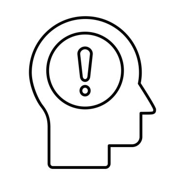Baş ve ünlem işareti simgesi. Uyarı konsepti. Uyarı işareti aklımda. İnsan beyni dikkat çekme fikri. Endişeli kişi ve endişe sembolü. Uyanış farkındalığı. Heyecan durumu. Vektör illüstrasyonu. 