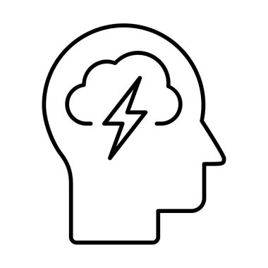 Olumsuz düşünce, depresyon, üzüntü konsepti. Bulutlu ve yıldırımlı bir kafa. Akıl Sağlığı Sembolü. Endişe ve stres sembolü. Kötü ruh hali. Fırtına zihni. Umutsuzluk işareti. Vektör illüstrasyonu.