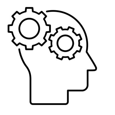 Kafasında vites çizgisi simgesi olan bir kafa. Düşünme süreci. Yapay zeka. İnsan beyni dişli çarklar gibidir. Yaratıcı beyin fikri. Sorun çözme ve yenilik. Bilişsel işlevler. Vektör illüstrasyonu. 