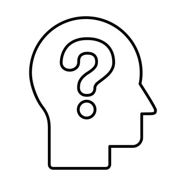 Soru işareti simgesi olan bir kafa. Problem çözme konsepti. Kafası karışmış bir adam. Kritik düşünce. Sorular soruyor ve cevaplıyor. Merak ve karar verme mekanizması. Çözüm bul. Vektör illüstrasyonu. 