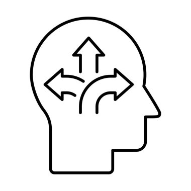 Kafasında ok çizgi simgesi olan bir kafa. Kararları vermek. Çok yönlülük, fırsatlar, zihinsel esneklik kavramı. Üç yönlü. Zihin seçeneklerle dolu. Hayatta farklı yönlere. Vektör illüstrasyonu. 