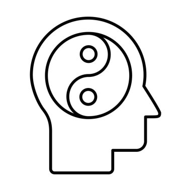 Kafasında Yin Yang sembolü simgesi olan bir kafa. Denge, farkındalık, ikilik ve zihin ve ruhun ahengi. İllüzyon ruhsal gelişimi simgeler, zihinsel sağlık gelişmesini. Vektör illüstrasyonu. 