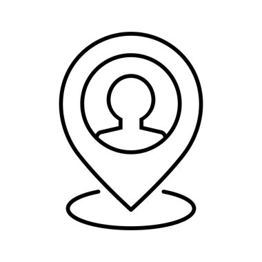Bir insan çizgisi simgesi olan harita iğnesi. Kullanıcı konumu. Profil pozisyonu. İçinde bir erkek silueti olan GPS konumu. Kullanıcı varlığı, toplum, üyelik, navigasyon sembolü. Vektör illüstrasyonu.