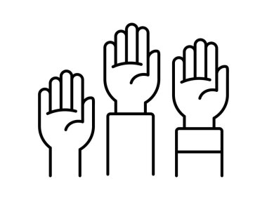 Üç kaldırılmış el çizgisi simgesi. Gönüllü olmak, oy vermek, katılım ve toplum desteği. Demokrasi, birlik, işbirliği ve kamu girişimleri. Sosyal yardım ve yardım. Vektör illüstrasyonu.  