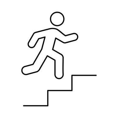 Merdiven çizgisi ikonunda koşan adam. Tahliye yolu ve kariyer büyüme kavramı. Güvenlik, hızlı karar verme. Motivasyon, hırs, ilerleme. Hedeflere ve fırsatlara doğru ilerliyoruz. Vektör. 