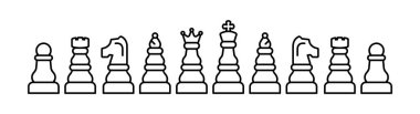 Satranç taşları çizgi simgesi. Klasik strateji oyununun ana simgeleri. At, kız, fil, kale, at, piyon satranç figürleri. Masa oyunları. İş planlama ve strateji kavramları. Vektör illüstrasyonu. 