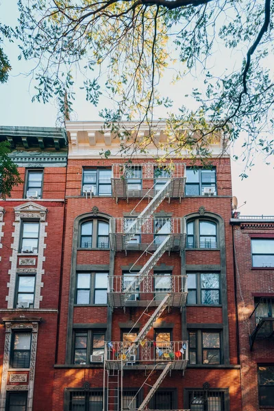Exterior of a typical New York apartment with fire escape at the front, tree in front.