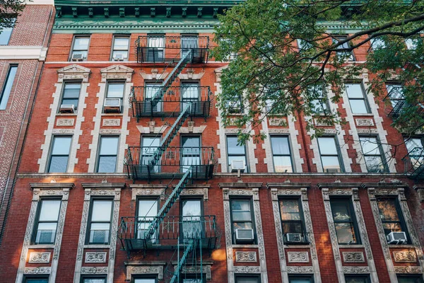 纽约一个典型的红砖公寓楼的立面 前面有防火通道 前面有树 — 图库照片