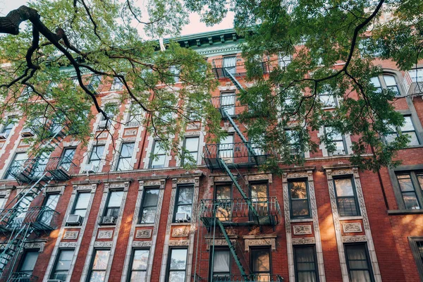 纽约一个典型的带防火通道的公寓大楼正面 前面有树 — 图库照片