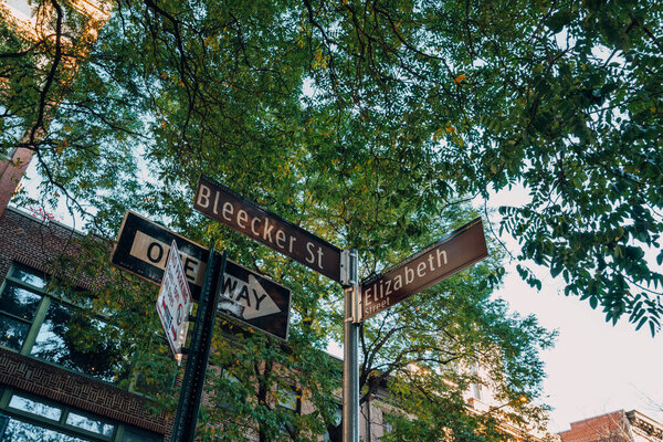 Нью-Йорк, США - ноябрь 2021, 2022: Низкоугольный вид на таблички с названиями улиц на углу улиц Бликер и Элизабет-стрит, некоторые из самых известных улиц города.