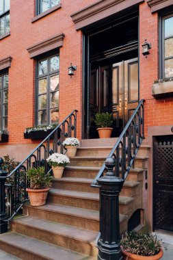 Potted plants of the steps on a stoop of a traditional house in Manhattan, New York City, USA.