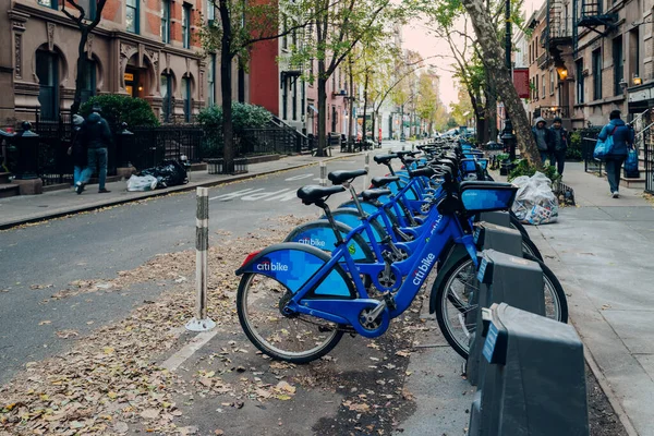 Nova Iorque Eua Novembro 2022 Row Citi Bikes Estacionado Nas — Fotografia de Stock