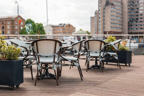 Empty Outdoor Restaurant Tables Chairs Katherine Dock London Selective Focus Royalty Free Stock Photos