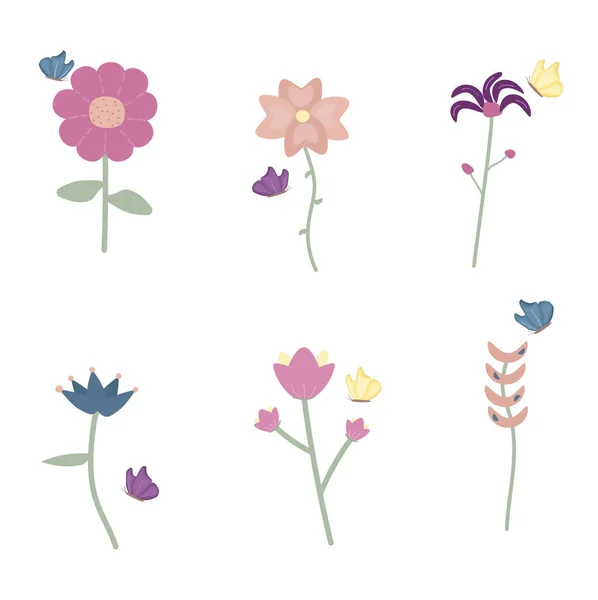 Conjunto Flores Com Borboletas Ilustração Vetorial Isolada Sobre Branco — Vetor de Stock