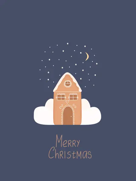 Zencefilli ev, kar ve yıldızlı Noel vekil kartı.