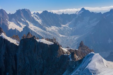 Mont Blanc Dağı kitle yaz manzarası. Aiguille du Midi Mount France 'dan görüntü