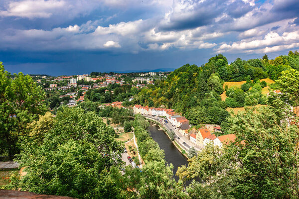 Panoramic view of Passau. Aerial skyline of old town from Veste Oberhaus castle . Confluence of three rivers Danube, Inn, Ilz, Bavaria, Germany.