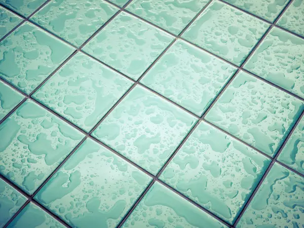 Glänzende Fliesenschicht Mit Wassertropfen Wet Aqua Blue Geometrischen Hintergrund — Stockfoto