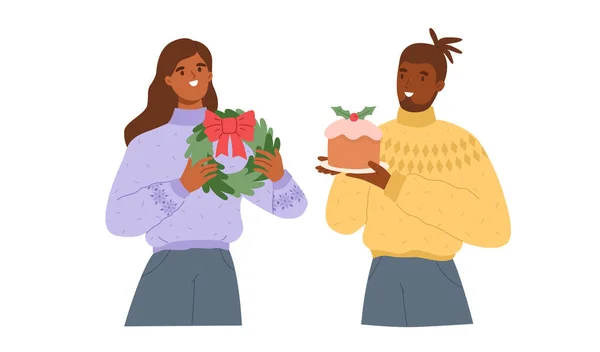 Pria Dan Wanita Dengan Hadiah Liburan Karangan Bunga Dan Kue - Stok Vektor