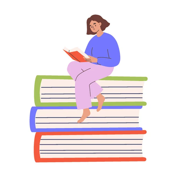 Femme Assise Sur Une Pile Livres Lisant — Image vectorielle