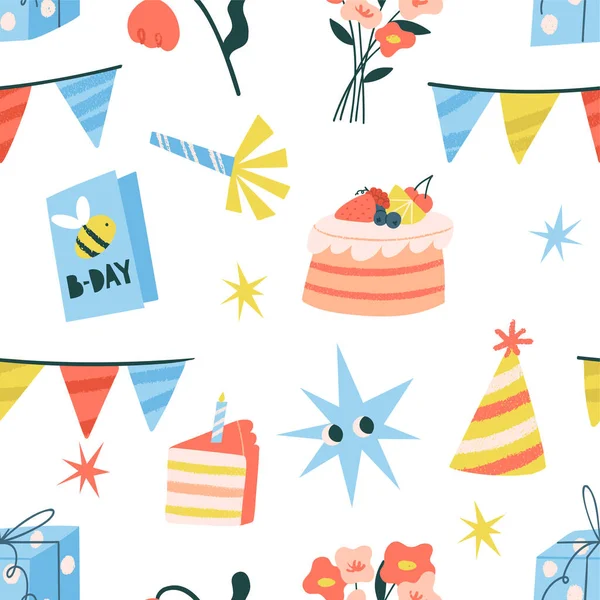 Seamless Pattern Birthday Attributes Repeat Design — Stock Vector