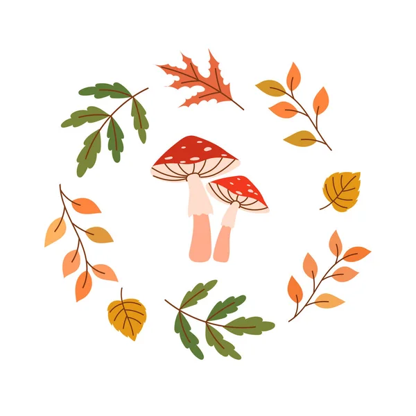 Composição Outono Com Cogumelos Folhas —  Vetores de Stock