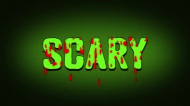 Korkunç cadılar bayramı mesajı, komik çizgi film eritme kelimeleri, yeşil arka planda kanlı metin animasyonu. ProRes kalitesi.