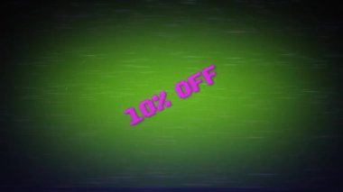 Yüzde 10 indirimli indirim mesajı, çizgi film, neon arıza afişi, fiyat düşüşü, indirim, özel teklif konsepti. Promosyon indirimli ışıltılı mesaj. Soyut hareket grafiği. 