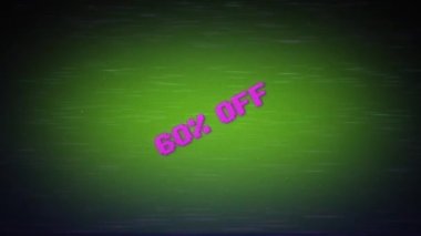 % 60 indirimli indirim mesajı, neon flaması, fiyat düşüşü, indirim, özel teklif konsepti. Promosyon indirimli ışıltılı mesaj. Soyut hareket grafiği. 