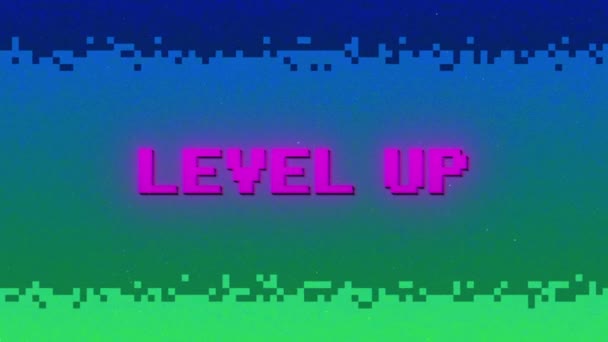 Mensagem Aumento Nível Jogos Retro Fundo Pixel Neon Nostálgico Texto — Vídeo de Stock