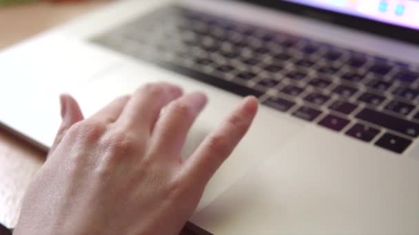 Woman Uses Modern Laptop Touchpad Trackpad Her Hand Shallow Depth — Stock Video