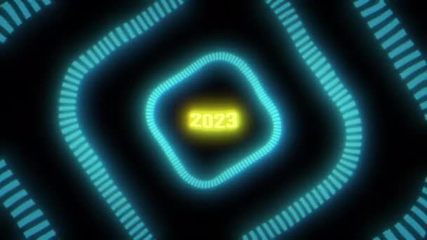 Yellow 2023 Glowing Number Psychedelic Cyan Blue Neon Tunnel Abstract — Stock Video