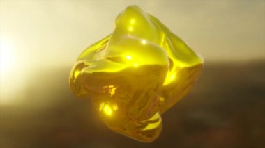 Dinamik sıvı altın metal formu, soyut parlak yüzey, bulanık arkaplan üzerinde 3 boyutlu şekil nesne, 4k çözünürlük.