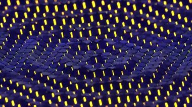 Multiple yellow and blue wavy circles, illuminated data clusters in dark background. Volumetric light. Data blocks. Decentralized network or programming, audio visual concept.