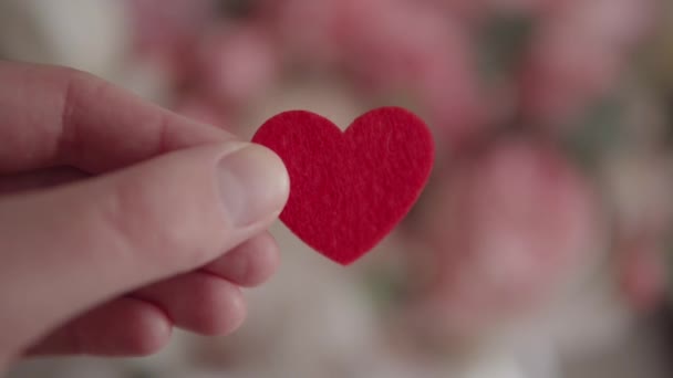 Close Red Heart Symbol Mans Hands Set Gorgeous Floral Background — Vídeo de stock