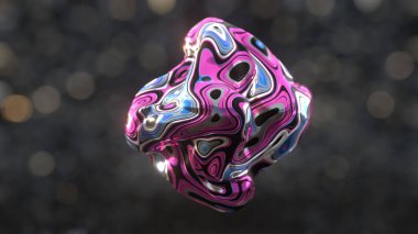 Dynamic liquid holographic rainbow metal form, abstract voronoi shining surface, 3d shape object on a blurred bokeh background.