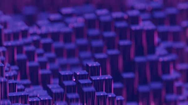 Multiple purple and blue blocks, cubes, clusters illuminated in dark background. Volumetric light. Data blocks. Decentralized network or programming concept.